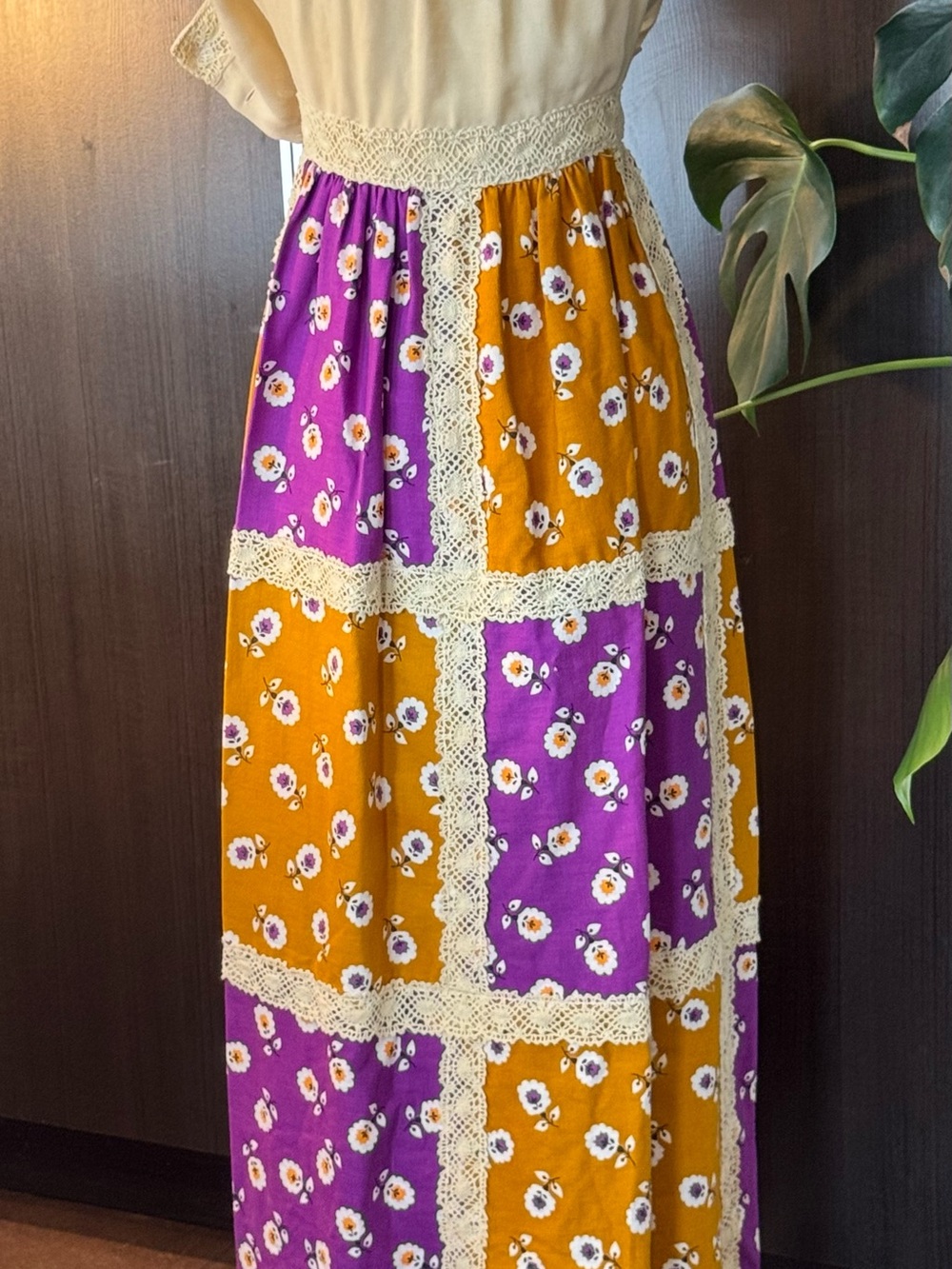 Neiman Marcus Patchwork Floral Maxi Dress in Purple and Mustard